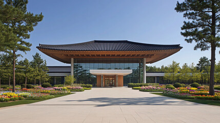 Ancient Chinese architecture featuring a traditional pavilion with an ornate roof stands as a cultural landmark in a serene park landscape