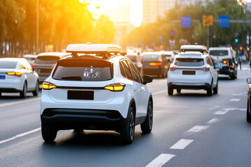 Close-up of self-driving vehicle's central screen showing navigation path and sensor analytics