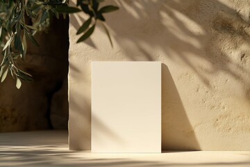 A blank white magazine stands on the table, in front of it is a limestone wall with olive tree branch shadows from sunlight falling through an opening above and to one side. 