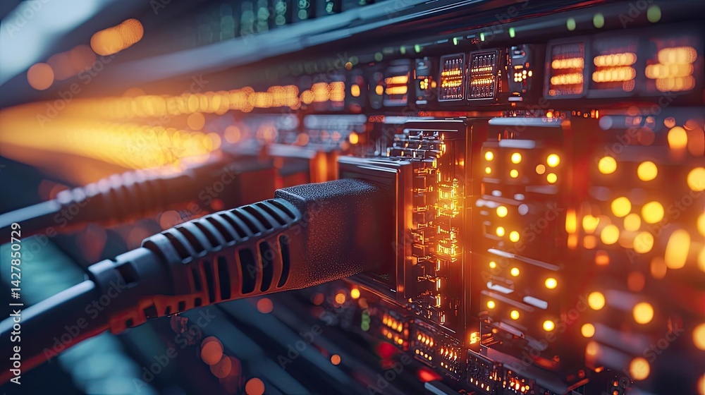 Aufkleber lights of glowing fiber optic cables in digital technology connectors concept. close-up of illuminat