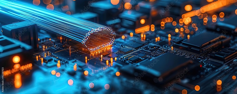 Poster lights of glowing fiber optic cables in digital technology connectors concept. close-up view of a ci