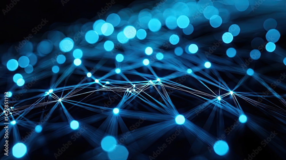 Poster lights of glowing fiber optic cables in digital technology connectors concept. close-up view of a ne