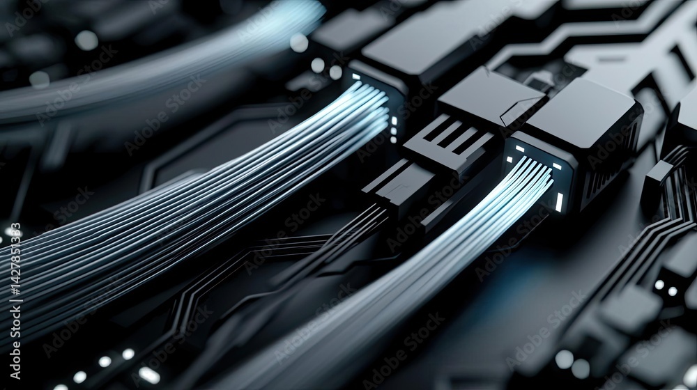 Poster lights of glowing fiber optic cables in digital technology connectors concept. close-up of high-tech
