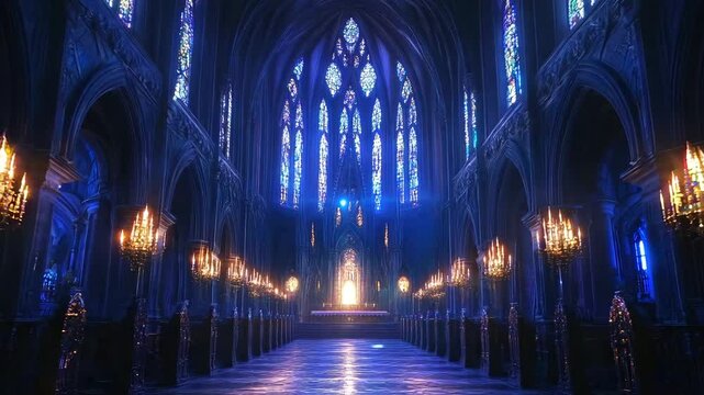 A large, ornate church with many stained glass windows and candles lit. The atmosphere is serene and peaceful, with the candles casting a warm glow throughout the space
