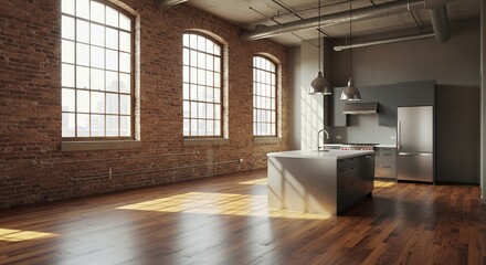 Spacious Loft Apartment with Exposed Brick Walls and Modern Kitchen
