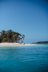 Fototapeta premium Stunning views of Dany Island in Espiritu Santo, Vanuatu showcasing clear waters and lush palms on a bright day