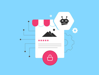 AI-driven personalization - e-commerce customer experience with martech and ai predictive product recommendations using data analysis and machine learning marketing. Vector illustration and icons