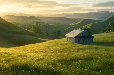 Obraz premium Warm sunrise over a small isolated house in a sea of green grass
