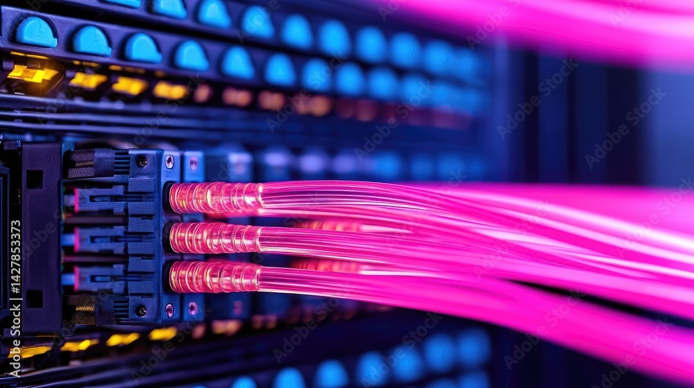 Poster lights of glowing fiber optic cables featuring macro connectors concept. vibrant data cables connect