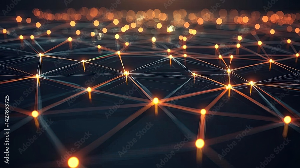 Poster lights of glowing fiber optic cables in digital technology connectors concept. abstract network of c