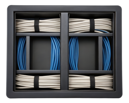 Organized network cables arranged neatly inside a black tray on a transparent background