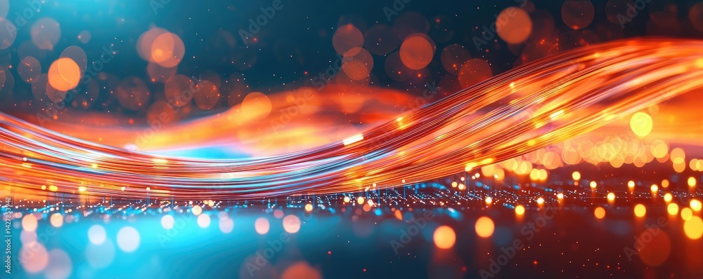 Poster lights of glowing fiber optic cables featuring macro connectors concept. dynamic abstract wave with 