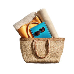 Woven straw beach bag filled with towels, sunglasses, and a book, perfect for summer vacations and beach outings, summer essentials concept. cut out