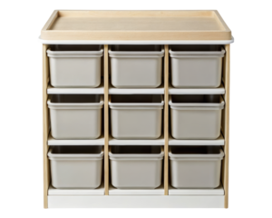 Wooden storage unit with plastic bins for organized storage on a transparent background
