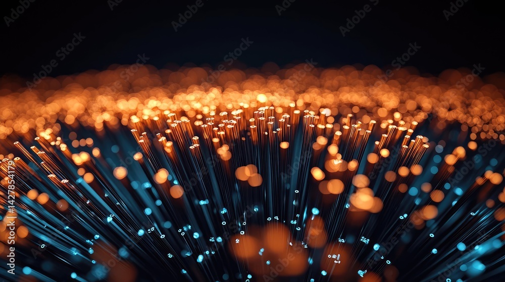Poster lights of glowing fiber optic cables in digital technology connectors concept. abstract pattern of g