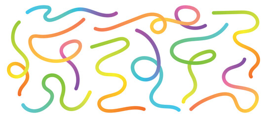 Gradient abstract squiggly lines. Geometric color shapes set. Design with wave spiral. Colorful swirl elements of rainbow palette. Graphic Fluid spiral pattern. Childish vector illustration.