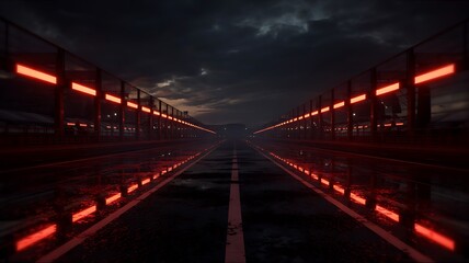 A perspective view of a long highway with red lights on both sides, leading to an unseen destination. The dark sky and eerie lighting add to the surreal ambiance