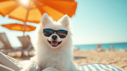 Cute white dog wearing sunglasses relaxing on a beach chair under an orange umbrella on a sandy shore with blue ocean under a sunny sky