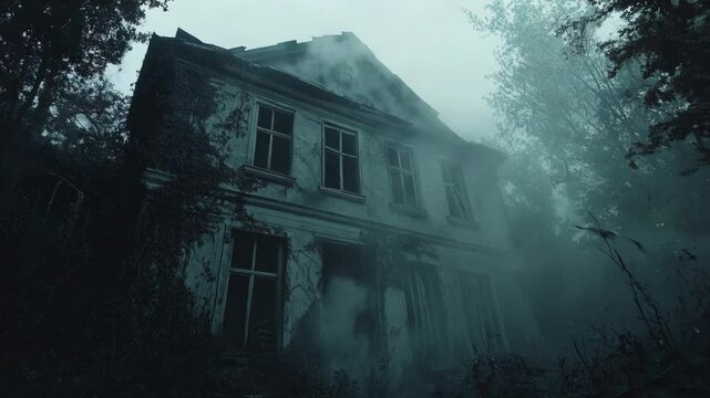 A creepy house with a lot of vines growing on it. The house is old and abandoned. The sky is cloudy and the atmosphere is eerie