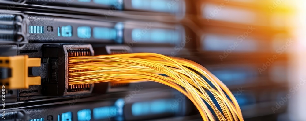 Poster lights of glowing fiber optic cables showing network connectors concept. close-up of network cables 