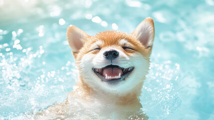 Happy dog swimming in blue water. A cute shiba inu breed puppy having fun and keeping cool during a hot summer day, enjoying outdoor activity.