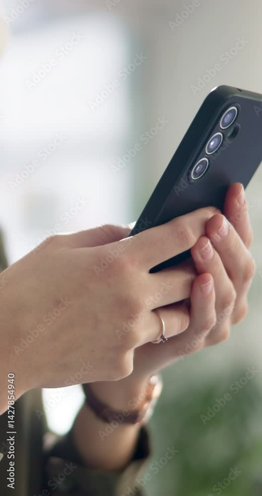 Fototapete hands, phone and texting at office with networking, click and check notification for deal at startup