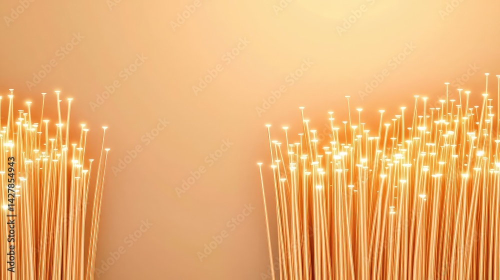 Poster lights of glowing fiber optic cables in digital technology connectors concept. abstract golden fiber