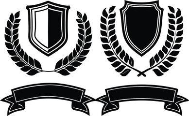 Black Shields and Banners Laurel Wreath Elements vector illustration