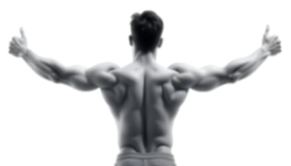 Muscular man showing thumbs up for fitness and success in grayscale