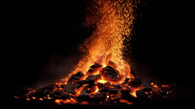 Burning Fire: A close-up shot of a blazing fire with embers. Highlighting the raw power and captivating beauty of flames against a dark backdrop. 