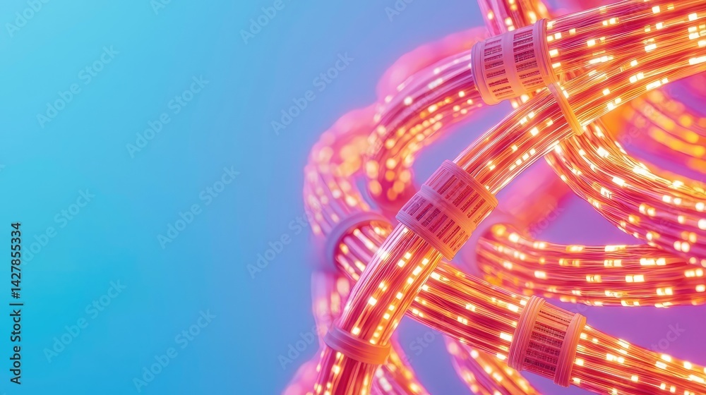 Poster lights of glowing fiber optic cables featuring macro connectors concept. abstract glowing light patt