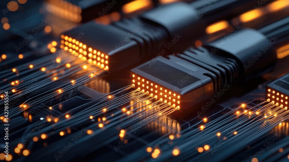 Poster lights of glowing fiber optic cables featuring macro connectors concept. close-up of ethernet cables