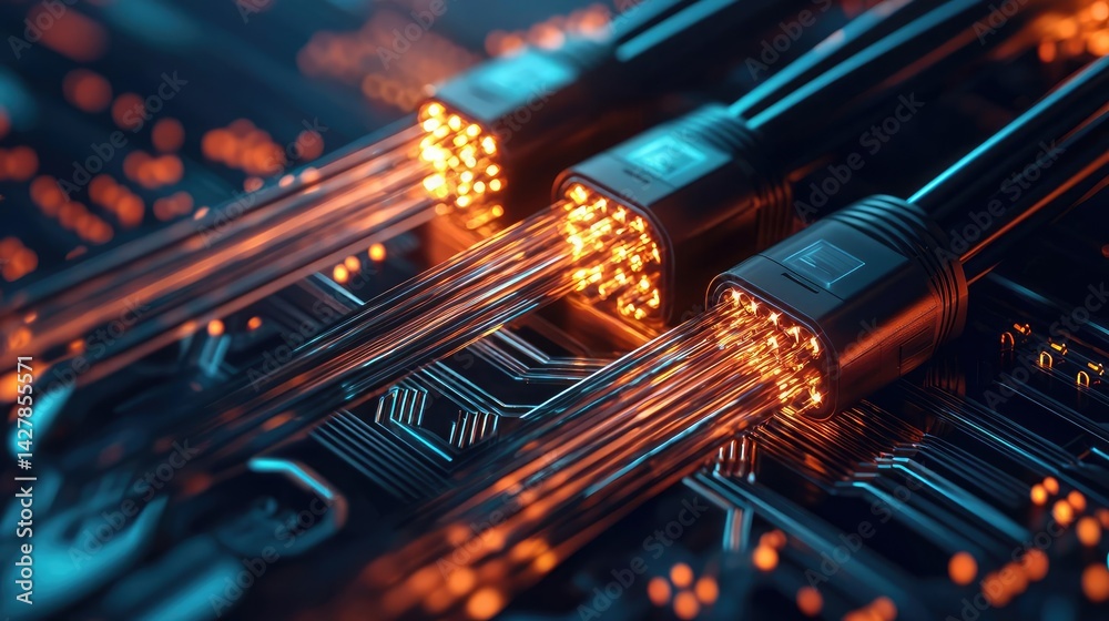Aufkleber lights of glowing fiber optic cables featuring macro connectors concept. close-up of glowing circuit