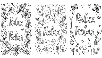 Relaxing coloring pages featuring floral and butterfly designs for stress relief