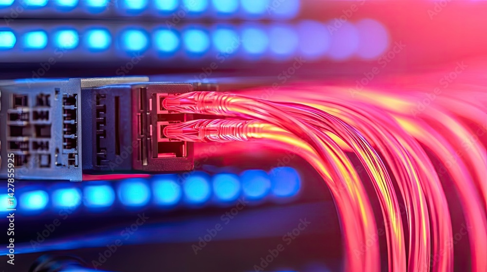 Poster lights of glowing fiber optic cables featuring macro connectors concept. close-up of server cables c