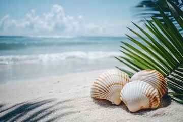 Three seashells are nestled in the sand on a beautiful beach, with a palm leaf providing shade and the gentle waves of the ocean rolling in under a sunny sky
