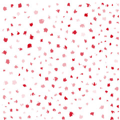 A white background dotted with clusters of soft red and pink watercolor floral shapes, creating a delicate and playful pattern.