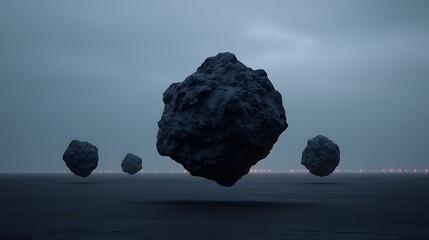 Floating dark rocks in a misty landscape with a distant light glow.