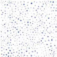 A textured background featuring a random pattern of blue and light blue dots and shapes on a white surface.