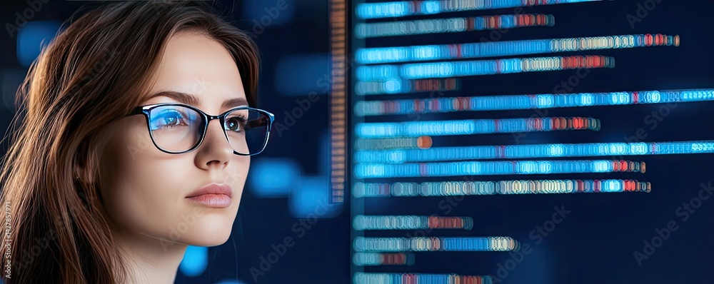 Poster Woman looking at code in cyber computing developer concept. Focused woman programming on a futuristic computer interface.