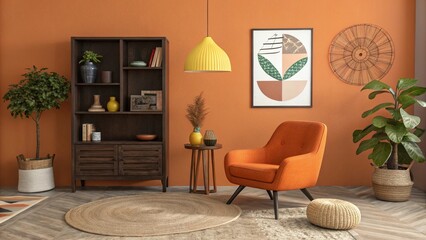 A contemporary living room interior features a modern sofa and armchair arranged on a carpet near a fireplace, illuminated by a lamp in this luxurious home design