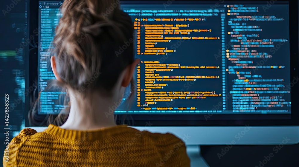 Aufkleber Woman looking at code in cyber computing developer concept. Focused individual coding on a computer in a modern workspace.