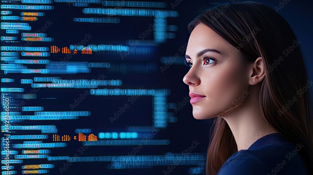 Poster Woman looking at code with cyber screen programming concept. Focused woman analyzing data on a computer screen in dark room.