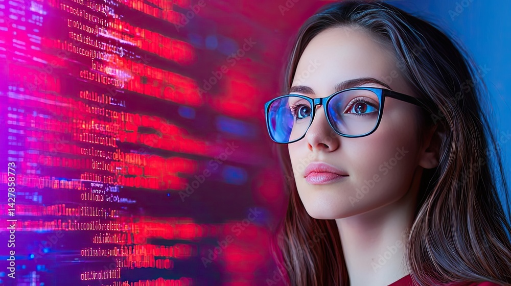 Poster woman looking at code in futuristic cyber technology concept. a focused young woman analyzing digita