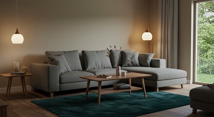 Cozy Living Room Interior Design with L-Shaped Sofa and Warm Lighting