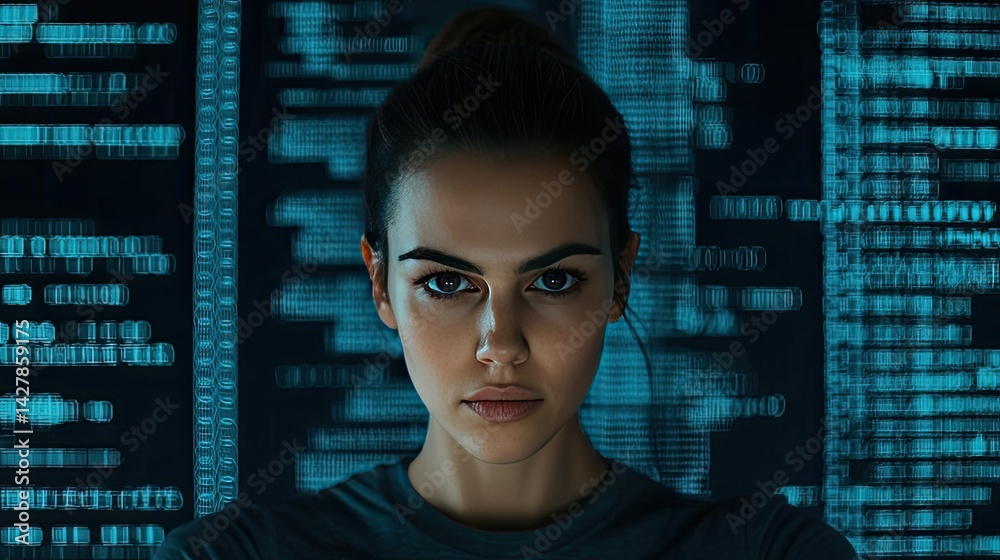 Aufkleber Woman looking at code in cyber computing developer concept. Focused woman working with digital data on a futuristic interface.