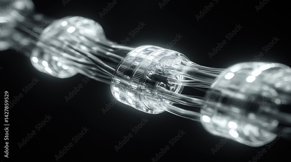 Poster lights of glowing fiber optic cables showing network connectors concept. close-up of a transparent f