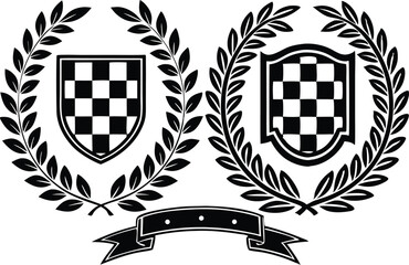 Black and White Racing Flags with Laurel Wreath Shields vector illustration 