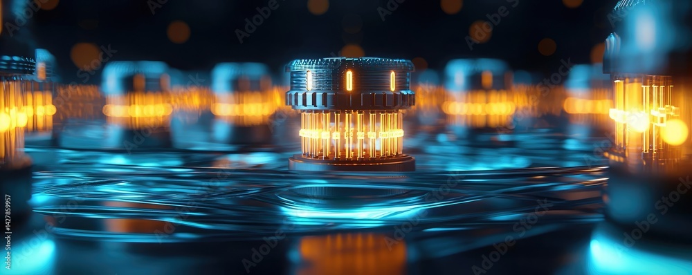Poster lights of glowing fiber optic cables featuring macro connectors concept. futuristic tech design with