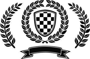 Black and White Racing Flags with Laurel Wreath Shields vector illustration 